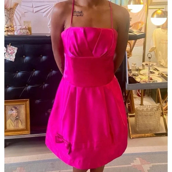 Jessica McClintock for Gunne Sax Hot Pink Satin Bow Dress sorority formal prom - Picture 1 of 10